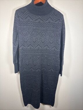 prAna CHARCOAL INTARSIA SOUTH ROCK SWEATER DRESS L  MIDI Cotton Wool Turtle Neck